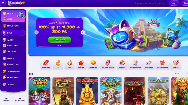 Robocat Casino screenshot showing game lobby and NZ player interface